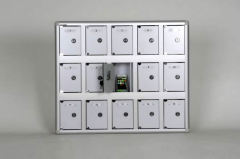 Aluminum-cased locker with 15-unit capacity and nameplate.
