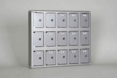Aluminum-cased locker with 15-unit capacity and nameplate.