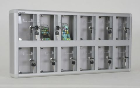Mobile Phone Locker with Nameplate, Transparent Plexiglass Door, 12 Compartments