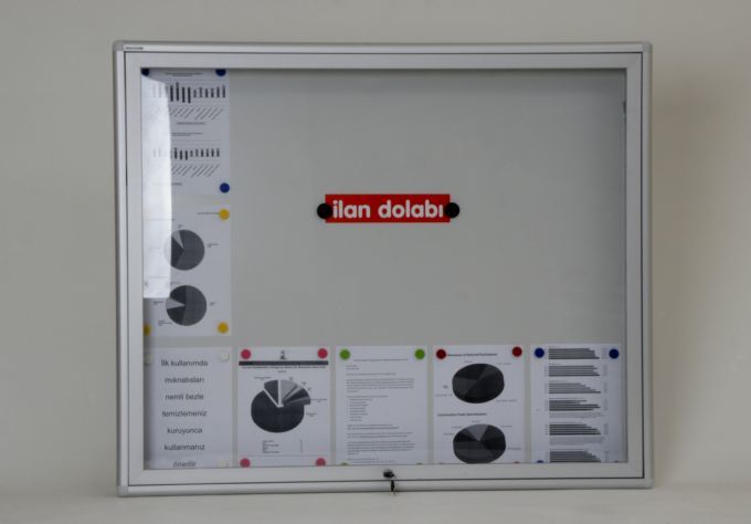 Glass-fronted notice board with a capacity of 15 A4 sheets.