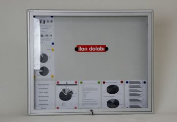 Glass-fronted notice board with a capacity of 15 A4 sheets.