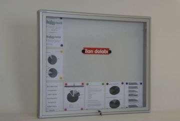 Glass-fronted notice board with a capacity of 15 A4 sheets.