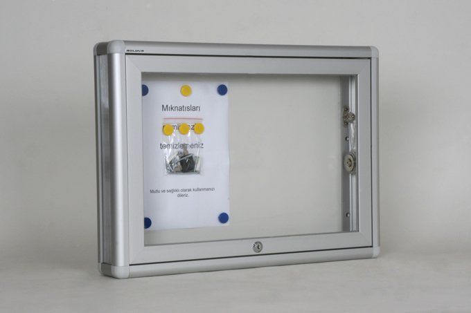 Glass-fronted notice board, 2 A4 capacity.