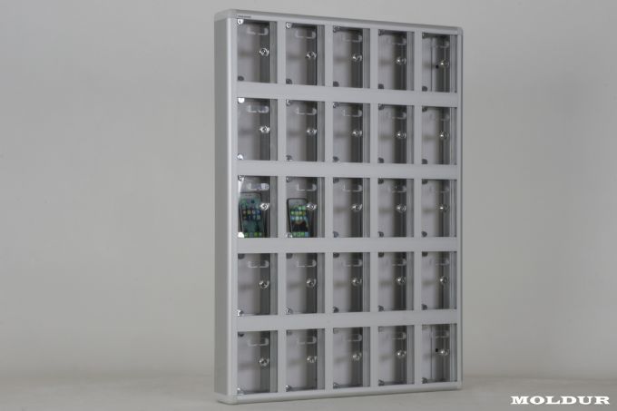 Phone Locker with 25 Compartments, Name Tag Holder, and Transparent Plexiglass Door.
