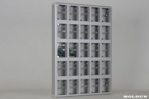 Phone Locker with 25 Compartments, Name Tag Holder, and Transparent Plexiglass Door.