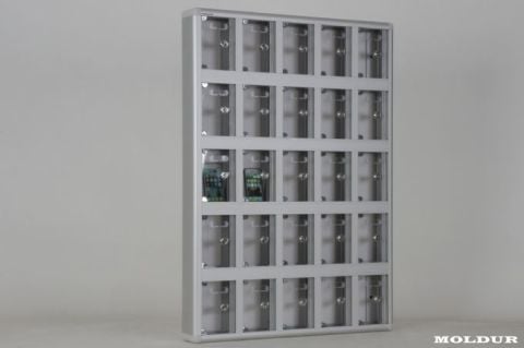 Phone Locker with 25 Compartments, Name Tag Holder, and Transparent Plexiglass Door.