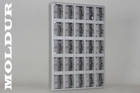 Phone Locker with 25 Compartments, Name Tag Holder, and Transparent Plexiglass Door.