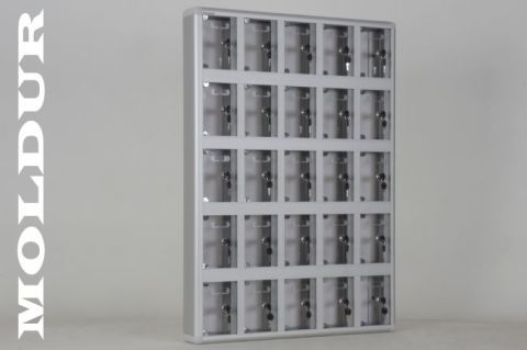 Phone Locker with 25 Compartments, Name Tag Holder, and Transparent Plexiglass Door.