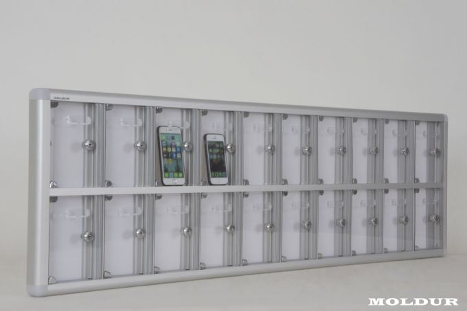 Mobile Phone Locker with 20 Compartments, Transparent Plexiglas Door, and Name Tag Holder
