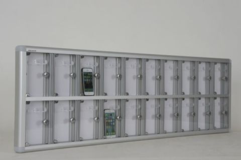 Mobile Phone Locker with 20 Compartments, Transparent Plexiglas Door, and Name Tag Holder