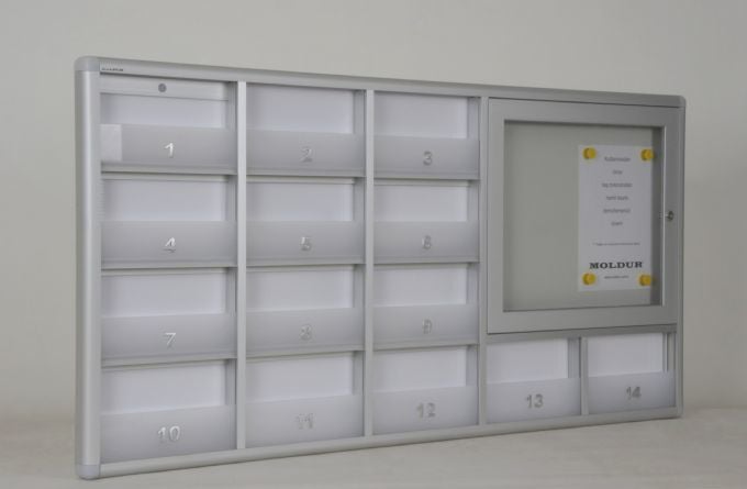 Mailbox with 14 compartments, barrier, and 2 A4 notice boards.