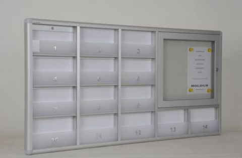 Mailbox with 14 compartments, barrier, and 2 A4 notice boards.