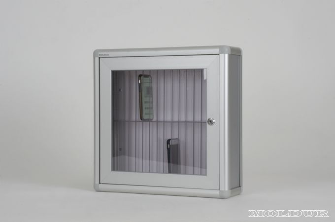 Classroom cell phone locker with 30 compartments.