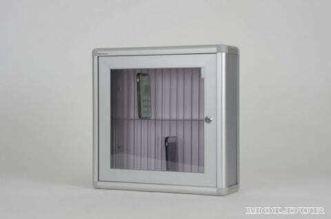 Classroom cell phone locker with 30 compartments.