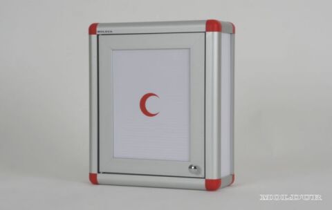 Medicine cabinet with magnetic door and handle.