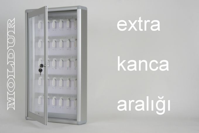 Key cabinet with nameplate, 30 hook capacity, and extra hanging spacing.