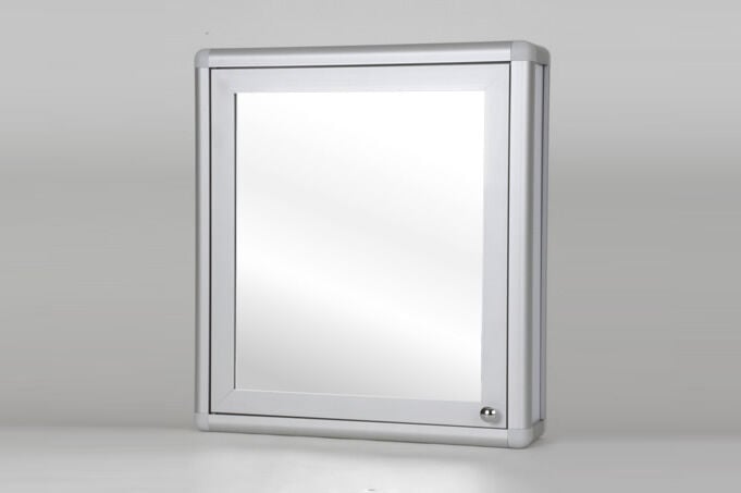 Mirrored bathroom cabinet with handles and magnets.
