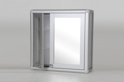 Mirrored bathroom cabinet with double doors.