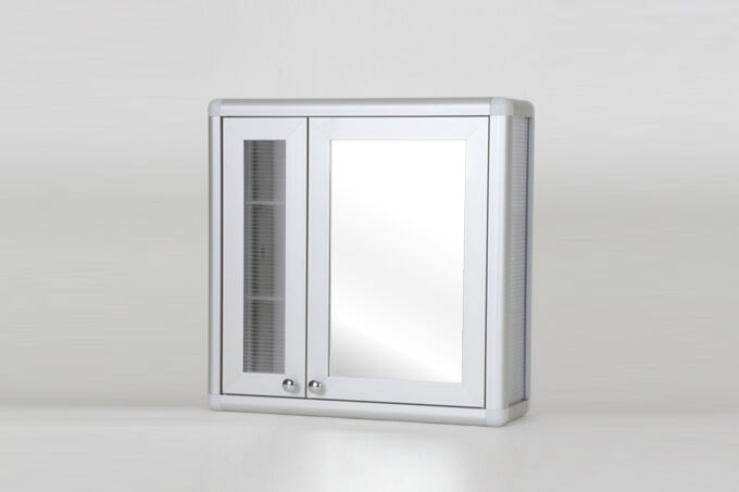 Mirrored bathroom cabinet with double doors.