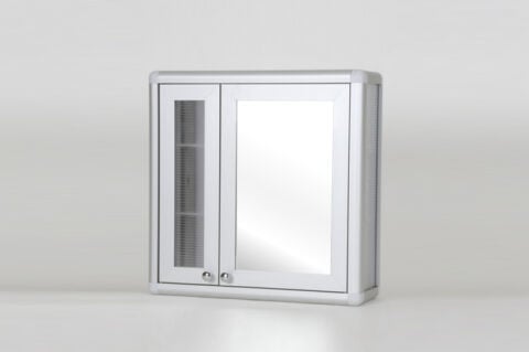 Mirrored bathroom cabinet with double doors.