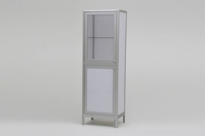 Bathroom cabinet with multiple levels.